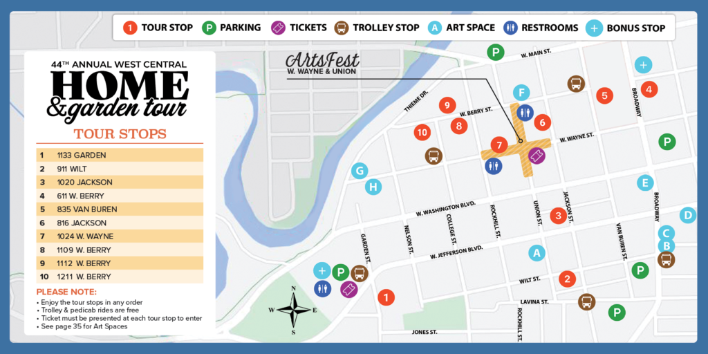 Map of West Central Home Tour, including stops, parking, and ArtsFest